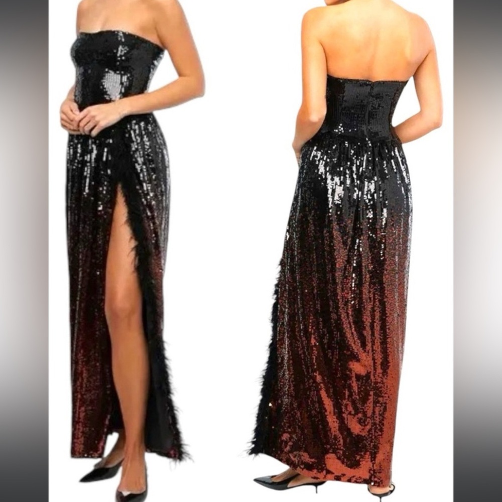 WeWoreWhat Strapless Corset Feathered Gown